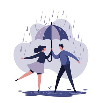 Couple sharing umbrella in rainy weather flat design illustration with playful mood and dynamic pose art vector