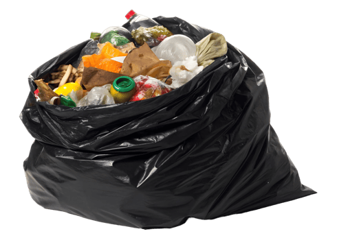 black trash bag overflowing with discarded food waste and household garbage on transparent background png