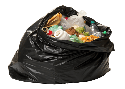 A full black plastic garbage bag overflowing with assorted waste on a transparent background png