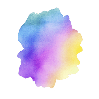 A vibrant watercolor splash blends blue, purple, pink, and yellow hues, creating soft, abstract shape with textured appearance. colors transition smoothly, evoking sense of calm and creativity png
