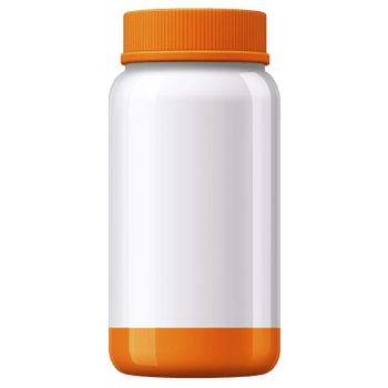 A white plastic bottle with orange cap and base, suitable for storing supplements or vitamins, stands against plain background. design is simple and functional png