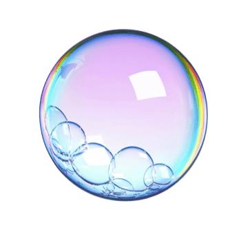 A delicate, iridescent soap bubble floats against transparency background, displaying spectrum of colors and glossy surface. Smaller bubbles cling to its base, creating whimsical and playful scene png