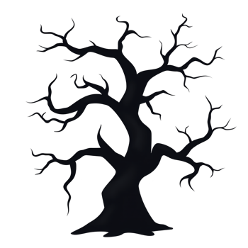 A silhouette of leafless tree with twisted branches creates stark and dramatic image, evoking sense of mystery and solitude png