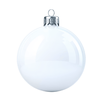 A shiny white Christmas ornament with silver cap reflects light, creating festive and elegant appearance. Perfect for holiday decorations and adding touch of elegance to any tree png