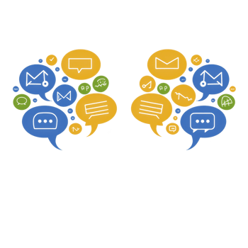 A Colorful speech bubbles with various communication icons, including envelopes and chat symbols, represent digital communication and social interaction. design is vibrant and engaging png