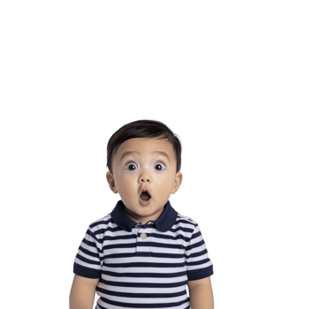 A surprised baby wearing striped shirt with wide eyes and open mouth, expressing amazement. background is plain, emphasizing child expression png