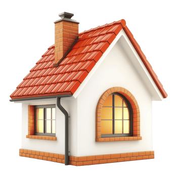 A small, charming house with red tiled roof, brick chimney, and arched window exudes warmth and coziness. white walls and brick accents add classic touch to design png