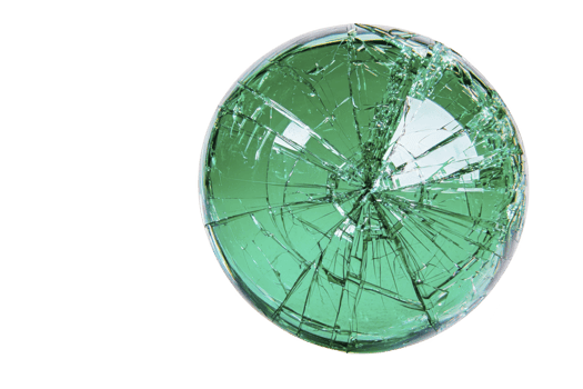 A shattered green glass sphere with intricate cracks creates striking visual effect, symbolizing fragility and transformation. broken surface reflects light, adding depth and complexity png