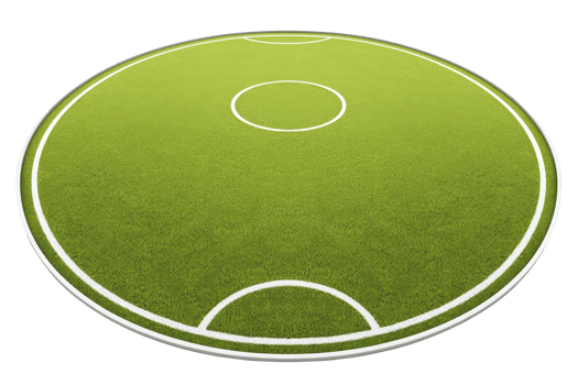 A circular green soccer field with white markings, including center circle and goal areas, is depicted. vibrant grass and clear lines create dynamic and inviting sports environment png