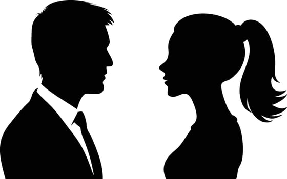Man in suit and woman silhouette staring at each other vector