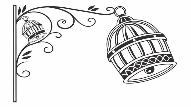 A black and white drawing of a birdcage hanging from a post vector