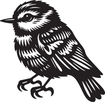 A stylized black and white illustration of a small bird perched with detailed feathering design vector