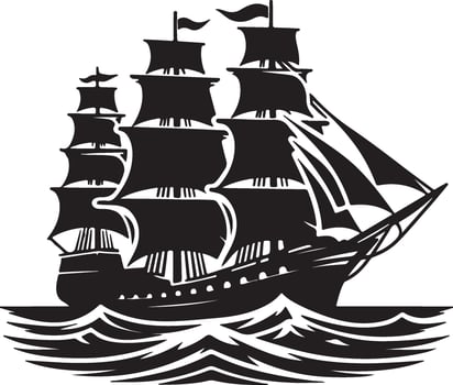 A detailed black and white silhouette of a large sailing ship on stylized ocean waves illustration vector