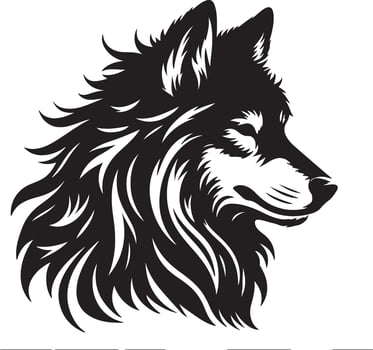 A monochrome illustration of a wolf's head in profile with detailed fur and sharp features design vector