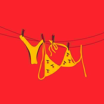 A yellow swimsuit with a playful cherry pattern hanging on a clothesline under the sun. vector