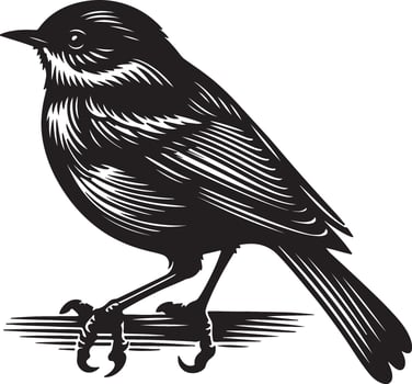 A stylized black and white illustration of a bird perched on a branch with detailed linework vector