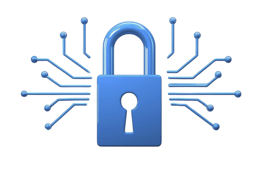 A blue padlock is surrounded by digital circuit lines, symbolizing cybersecurity and data protection. image conveys sense of security and technological advancement png