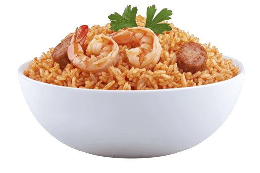 A delicious bowl of jambalaya featuring shrimp, sausage, and rice garnished with fresh parsley, showcasing vibrant and appetizing presentation png