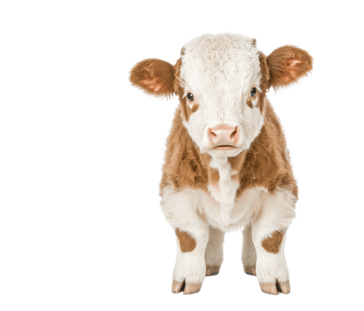 A cute, fluffy brown and white calf stands facing forward, showcasing its soft fur and curious expression. young cow is isolated on transparency background, highlighting its adorable features png