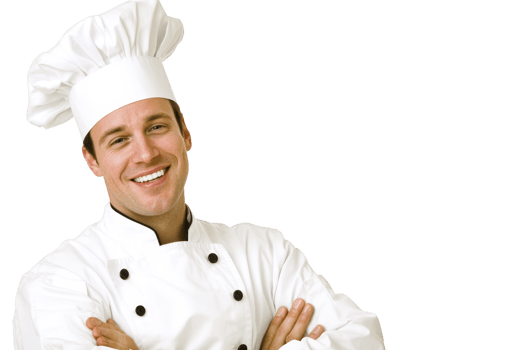 A smiling chef in white uniform and hat stands confidently with arms crossed, exuding professionalism and warmth. chef attire includes double breasted jacket and traditional toque png