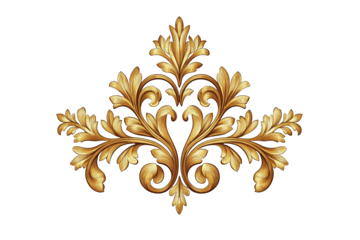 An ornate golden floral design with intricate details and symmetrical patterns, evoking sense of elegance and luxury. decorative motif features swirling leaves and flourishes, perfect png