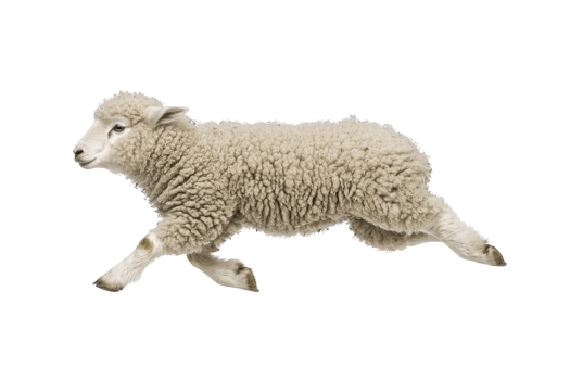 A fluffy sheep joyfully leaps through air, showcasing its soft wool and playful nature against plain background png