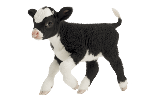 A cute black and white calf stands on transparency background, showcasing its youthful energy and innocence. calf distinctive markings and curious expression add to its charm png