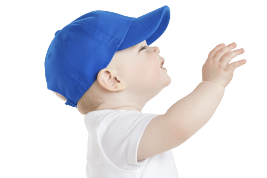 A joyful baby wearing blue cap and white shirt reaches upward, expressing excitement and curiosity. child is captured in profile against plain background, highlighting their playful gesture png