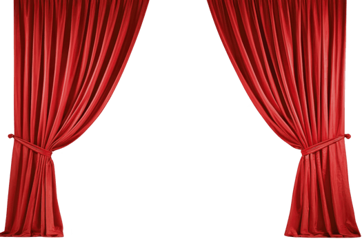 A Rich red theater curtains elegantly drape open, revealing dramatic stage setting. luxurious fabric and vibrant color create sense of anticipation and excitement for performance png