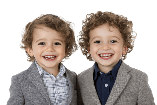 A Two young boys with curly hair are smiling joyfully, dressed in formal attire with blazers and shirts. Their cheerful expressions convey happiness and innocence, creating heartwarming scene png