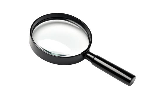 A black magnifying glass with clear lens is shown on transparency background, highlighting its sleek design and functionality png