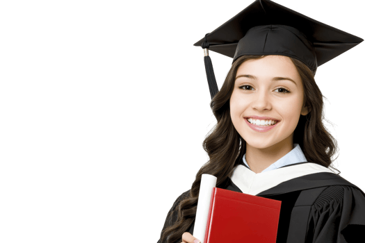 A smiling graduate in cap and gown holds diploma and red book, symbolizing academic achievement and success. image conveys sense of accomplishment and joy png