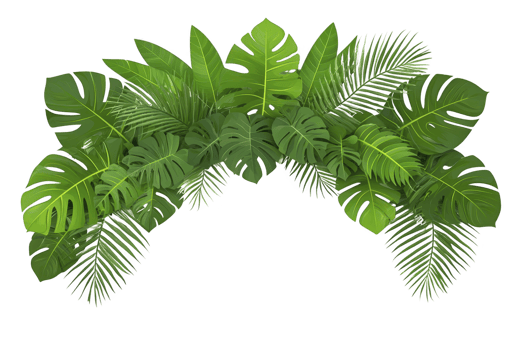 A Tropical green leaves arranged in lush, vibrant arch, featuring monstera and palm fronds, creating fresh and natural look. Perfect for nature themed designs or backgrounds png