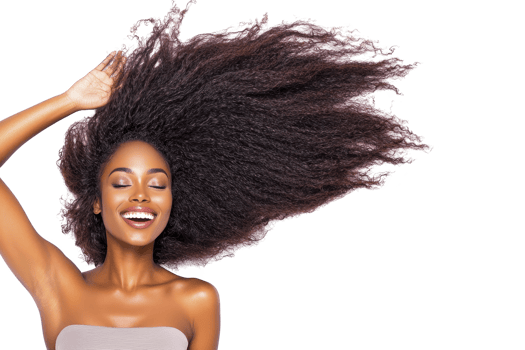 A woman with long, flowing curly hair smiles joyfully, her eyes closed in moment of bliss. She wears strapless top, and her hand is raised to her head, showcasing her voluminous hair png