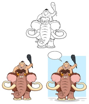 Happy Caveman Characters Riding Mammoth Holding Club And Smiling vector