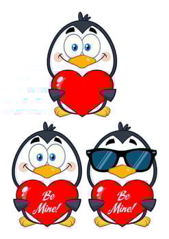 Valentines Day Penguin Cartoon Set With Be Mine Hearts vector