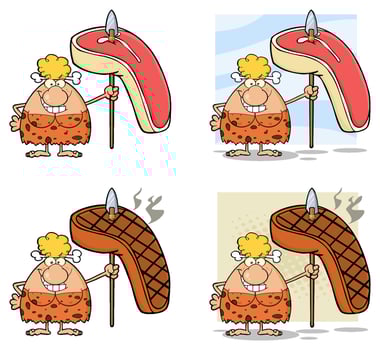 Cartoon Caveman Holding Giant Meat On Spear In Raw And Cooked Versions vector