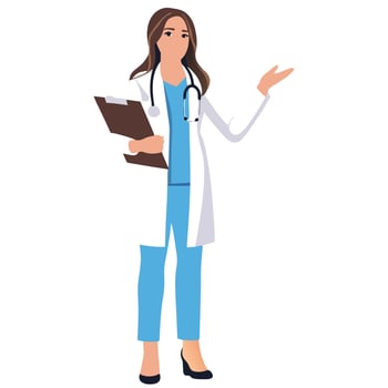 illustration of female doctor in lab coat with clipboard presentation vector