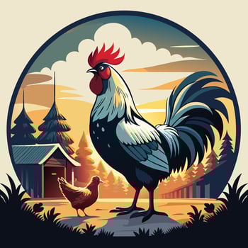 Colorful rooster and hen illustration with farm landscape background vector