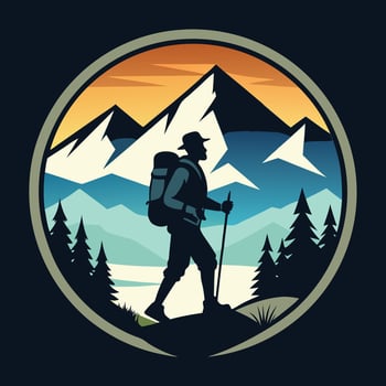 Silhouette hiker with backpack adventure in mountain landscape circle illustration vector