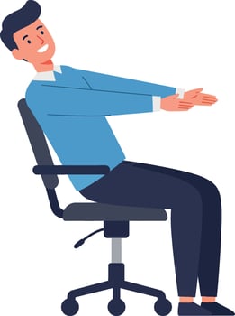 Young man stretching arms forward sitting on office chair flat casual relaxation illustration vector