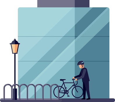 A cyclist in a helmet parking a bicycle near a modern building in flat art vector