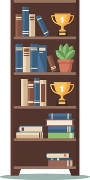 Wooden bookshelf with books trophies and potted plant in flat style illustration vector
