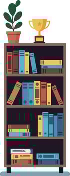 Tall bookcase with colorful books, trophy, and potted plant in flat design illustration vector
