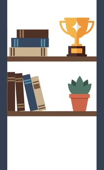 Minimal bookshelf with books, gold trophy, and potted plant in flat design illustration vector