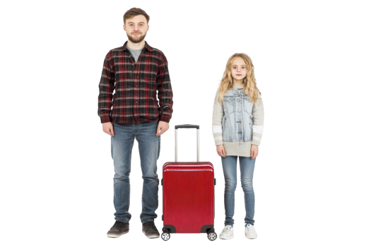 A Father and daughter standing with red suitcase, both wearing casual clothing. man is in plaid shirt and jeans, while girl is in denim jacket and jeans. They appear ready for travel png