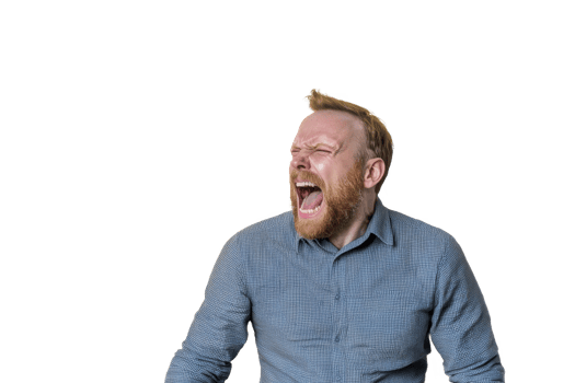 A man with beard and red hair is passionately shouting, wearing blue checkered shirt. background is transparent, emphasizing his expressive emotion png