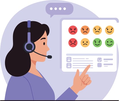 Female customer support agent with headset selecting feedback emoticons flat design illustration vector