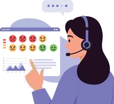 Customer service woman with headset analyzing feedback ratings and smiling emojis in flat digital interface illustration vector