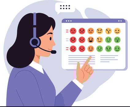 Female customer service representative with headset pointing at colorful emoticon feedback chart flat digital illustration vector
